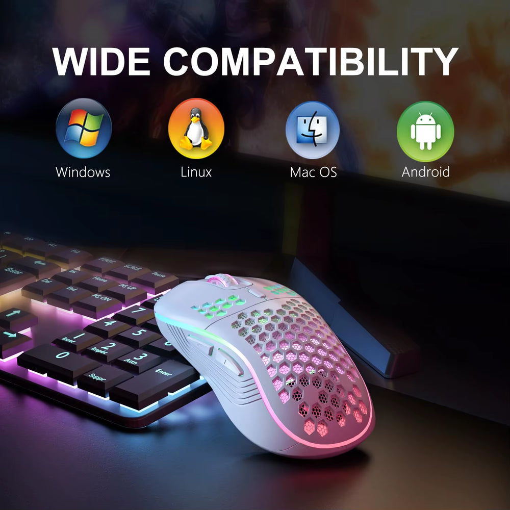 Ratón inalámbrico gaming 2.4G con diseño ergonómico de panal, retroiluminación RGB