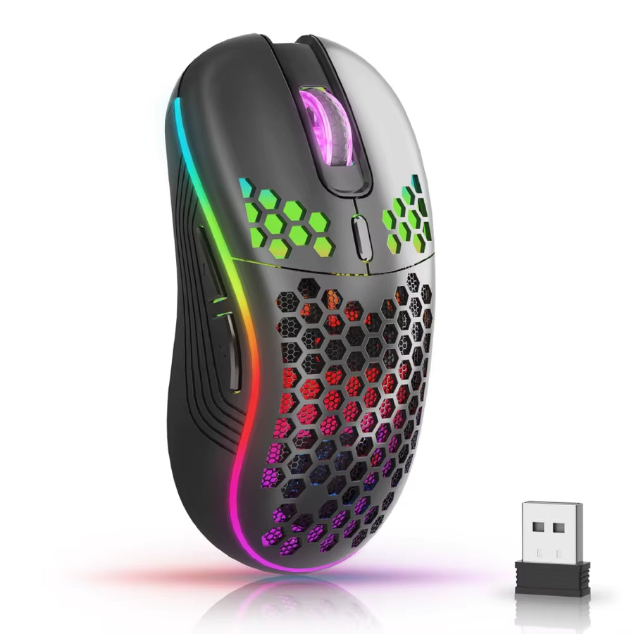 Ratón inalámbrico gaming 2.4G con diseño ergonómico de panal, retroiluminación RGB