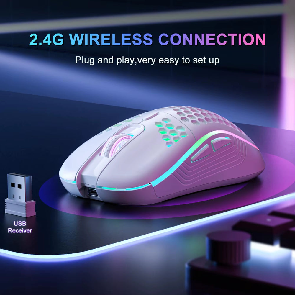 Ratón inalámbrico gaming 2.4G con diseño ergonómico de panal, retroiluminación RGB