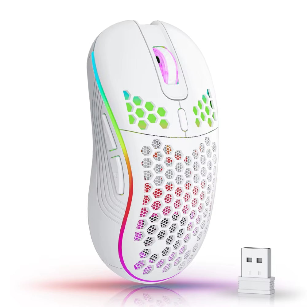 Ratón inalámbrico gaming 2.4G con diseño ergonómico de panal, retroiluminación RGB